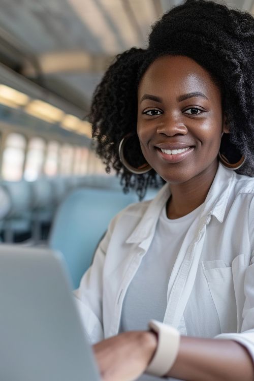 Smiling African American female entrepreneur surfing the net on laptop while traveling by train